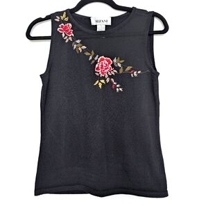 Vintage Y2K Alfani Black Sleeveless Floral Embroidery Top Biker Goth Sz S